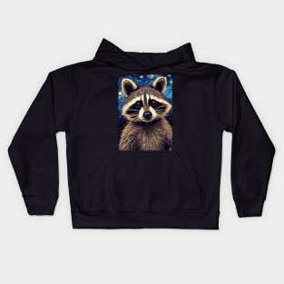 Cute Raccoon Animal Portrait Painting in a Van Gogh Starry Night Art Style Kids Hoodie